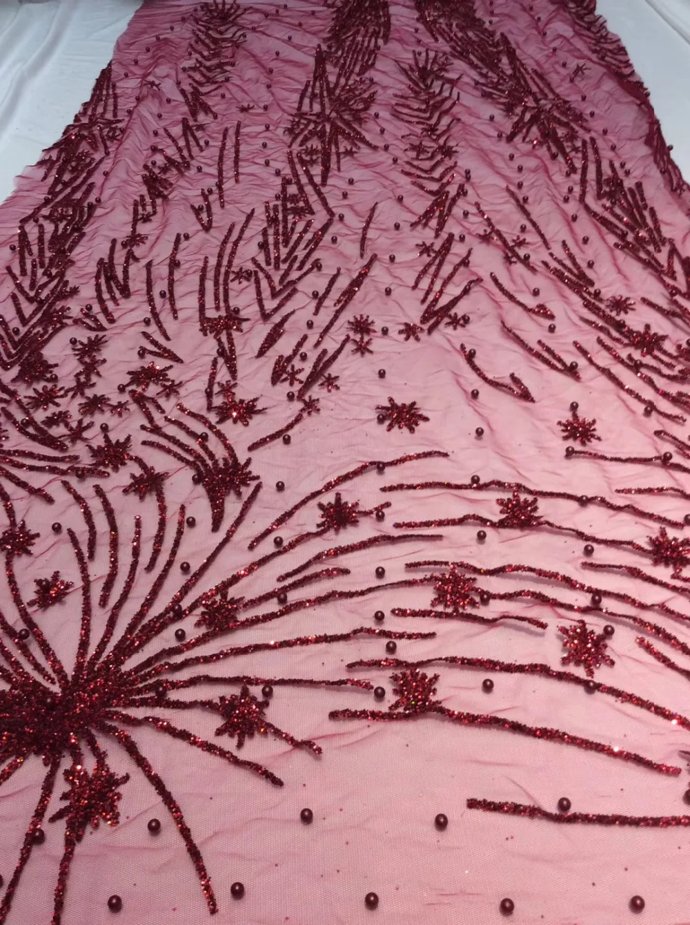 

ap302 # 5 yards wine fireworks pearls mesh romantic hand print glued glitter net tulle mesh sugar lace fabric for sawing dress