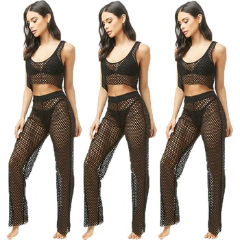 

2019 Women's Summer Sheer Hollow Out Vest Tops + Maxi Pants Club Party Beach Cover Up Swimwear 2PCS