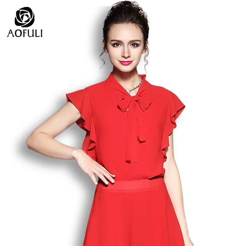 size-S/M Solid Summer Blouse Short Sleeve Ruffles Shirt Brand Red Chiffon Casual Tops With Bow B5528