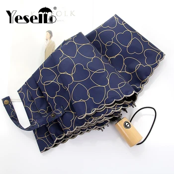 

Automatic Umbrella Rain Women Anti UV Three Folding Lace Umbrellas For Ladies Parasol Heart Print Wind Resistant WZP159