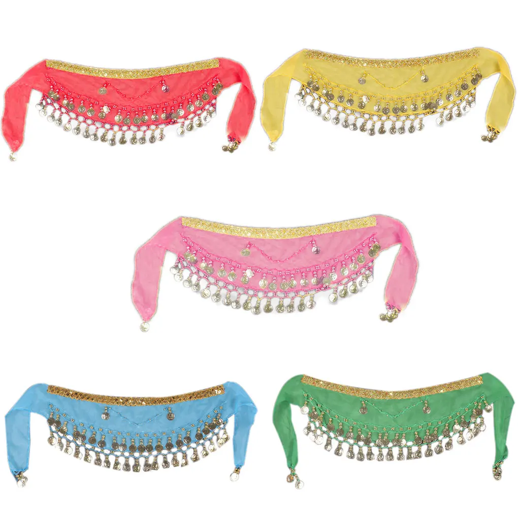 

Kid's 2-Pieces Chiffon Arabic Belly Dance Scarf Children Coin Belt Hip Scarf Skirt Wrap Strap