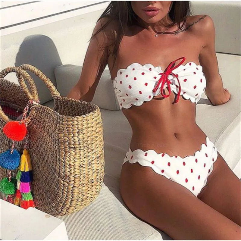 

Aartiee Bandeau push up swimwear women Polka dot sexy bikini 2019 Lace up white swimsuit female Floral wide bathing suit Bathers