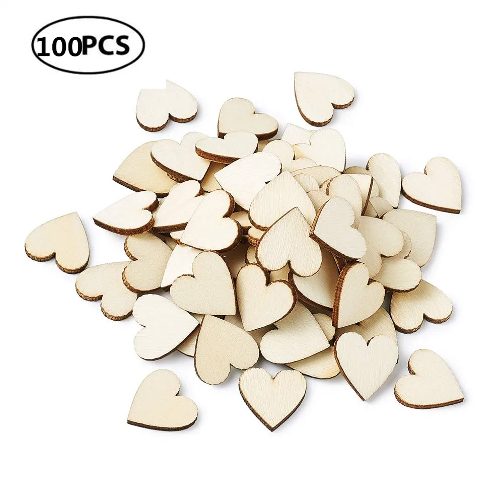 

100pcs 10mm 0.39inch Wood Hearts Slices Wooden Discs Heart Shaped Embellishment for Wedding Decor Arts Crafts DIY
