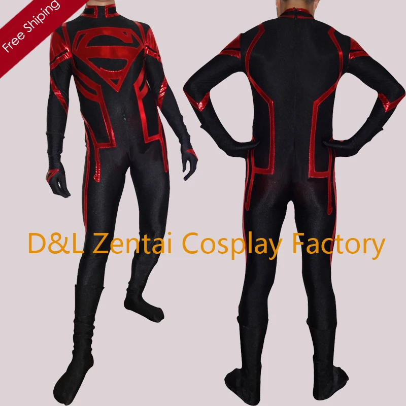 Free Shipping DHL Adult Black Lycra Red Shiny DC Comics Superman Superhero Costume Halloween Party