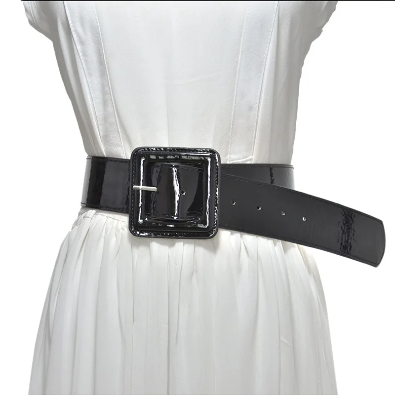 

2019 Fashion Solid Color PU Leather Wide Belt for Women Black White Waist Belts Square Pin Buckle Waistband for Ladies Dress