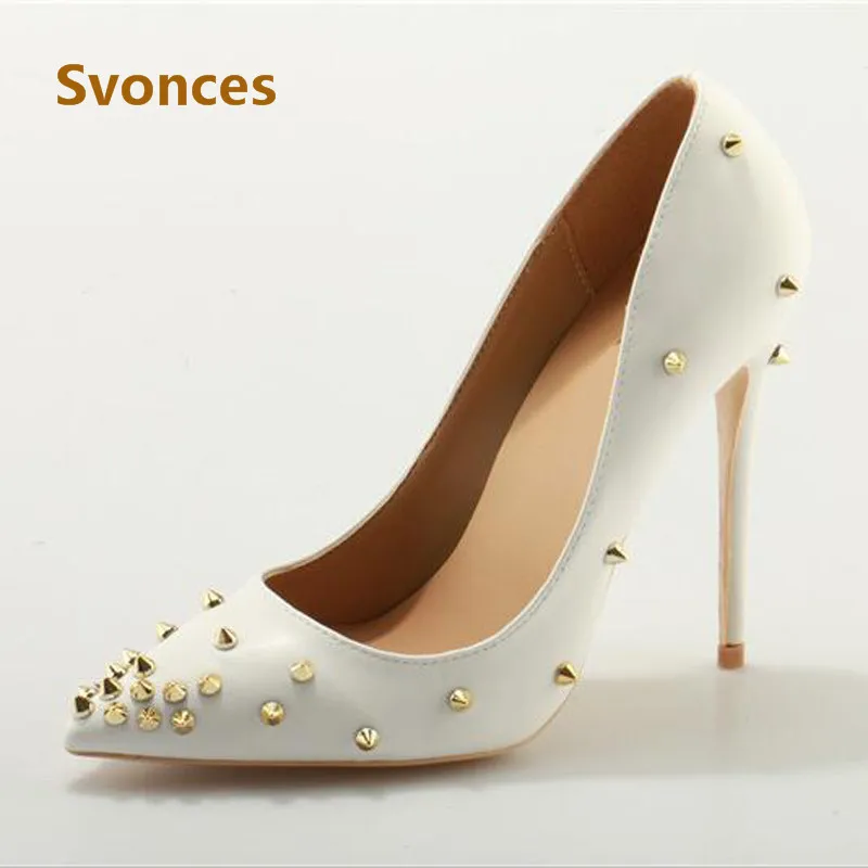 Fashion Elegant Women High Heels Pumps Luxury Gold Rivets Design Pointy White Sandals Sexy Thin Spikes Brand Zapatos Mujer | Обувь