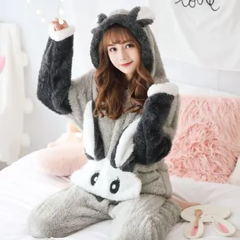 

Winter Coral Velvet Plush Women's Pajamas Set Thick Flannel Long Sleeve Cartoon Pajama Sets Female Rabbit Warm Home Clothes