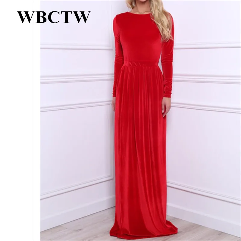 WBCTW Maxi Long Warm Dress 2018 Women Plus Size Velvet Dress Long Sleeve Dress Evening Party