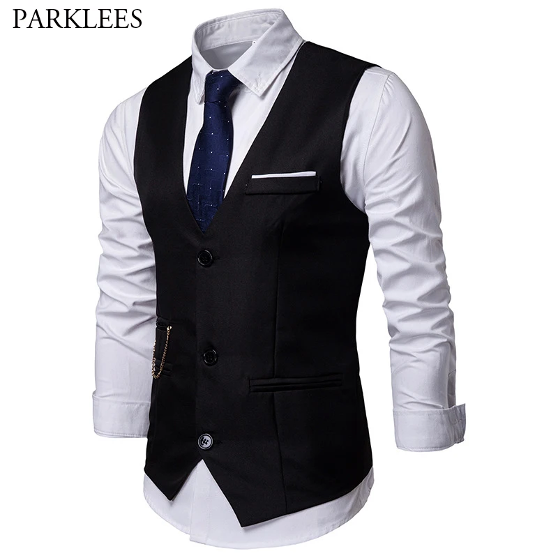 

Men's Slim Fit Black Chain Vest 2019 Fashion New Single Breasted Vest Waistcoat Men Formal Wedding Business Tuxedo Vests Gilet