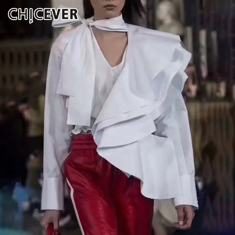 

CHICEVER Summer Elegant Striped Women's Blouse Bow V Neck Patchwork Big Ruffles Long Sleeve Loose Short Female Shirt Clothing