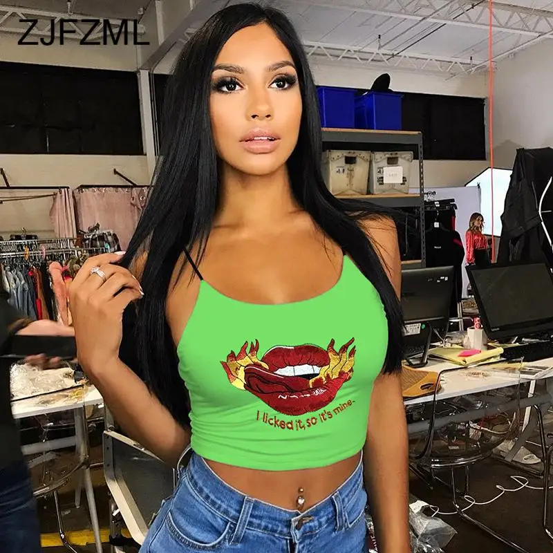 

Spaghetti Strap Lips Embroidery Sexy Tank Top 2019 Summer Sleeveless Causal Basic Crop Top Club Green Skinny Print Cropped Tops