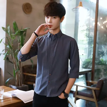 

2019 spring and summer men's cotton short sleeve shirt adolescent leisure contracted cultivate one's morality