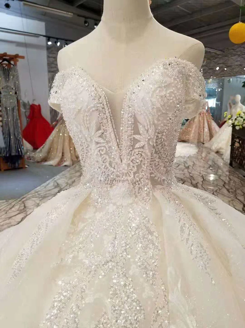LSS404 бальное платье свадебное платье как белое с плеча бисером Милая кружево на спине Свадебные платья со шлейфом настоящая фабрика