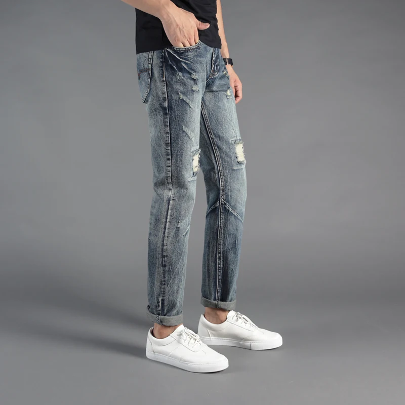 Italian Vintage Style Fashion Men Jeans Gray Retro Wash Slim Fit Destroyed Ripped Jeans Men 100 4