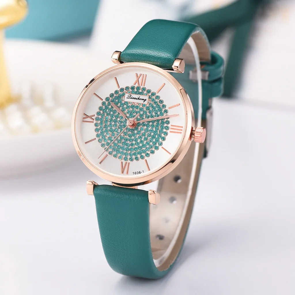 

Fashion Circle Brick Stone Dial Roman Digital Scale Belt Quartz Female Watches quartz clock mechanism silent montre homme 50
