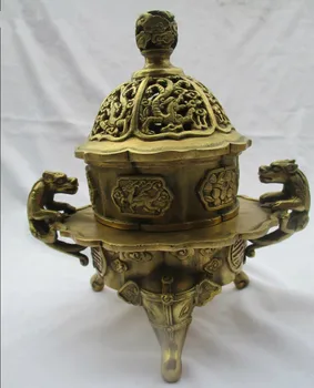 

Antique Antiques Old Handwork Chinese Brass Carved 3 feet 2 Lion Big Incense Burner/Home Metal Censer
