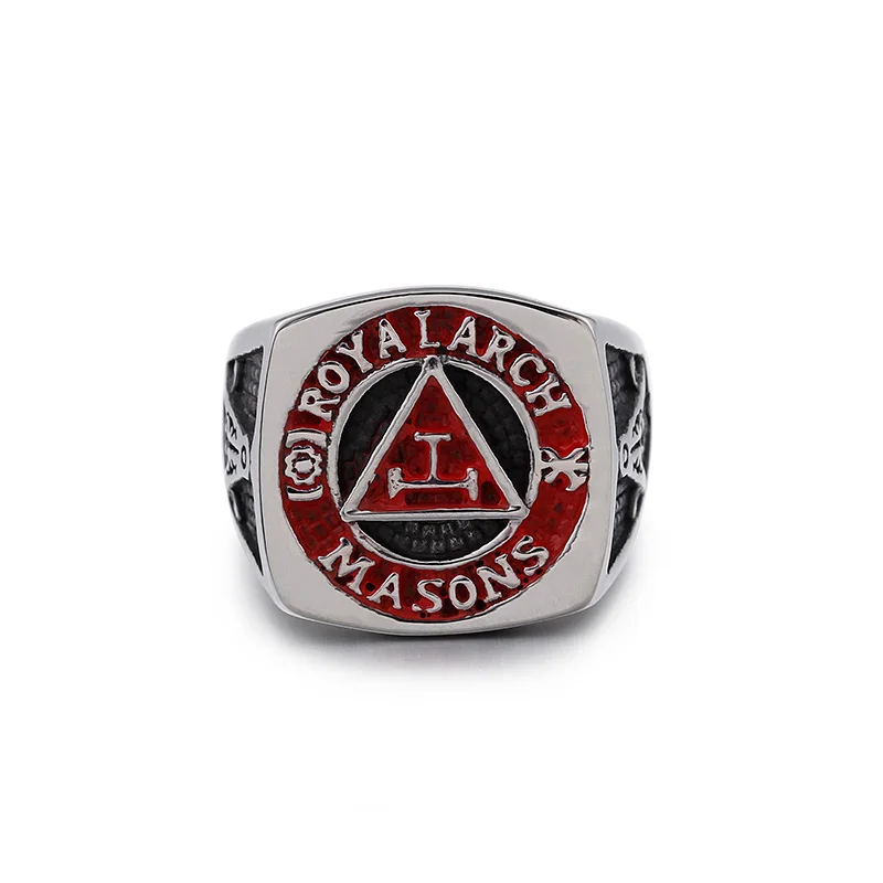 

Stainless Steel Religious Rings Men's Vintage Red Masonic Signet Royal Arch Ring Punk Titanium Steel Jewelry Freemason Gift