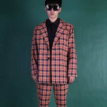 

Men Casual Vintage Plaid Suit Jacket Male High Street Fashion Hip Hop Blazer Suit Coat DJ Singer Stage Clothing Custom Made Sets