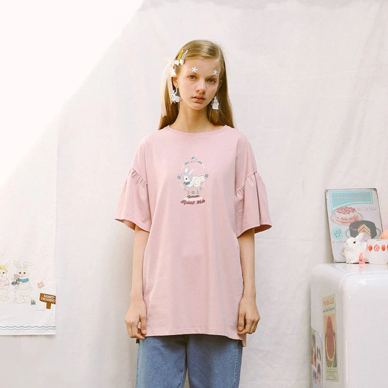 

Original Design Harajuku Sweet Women Summer Cotton Pink Mid-long T-shirt Short Puff Sleeve Femme Loose Tee Shirt Tops T Shirt