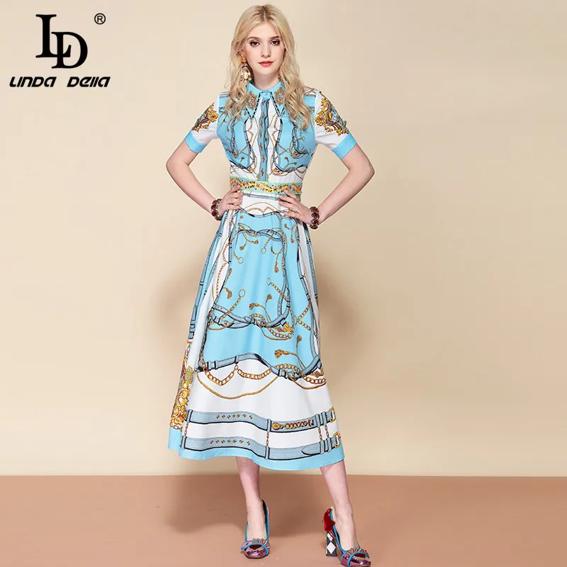 Billige LD LINDA DELLA 2019 Fashion Runway Suummer Ferien Lange Kleid frauen Wunderschöne Gedruckt Perlen Vintage Elegante Kleid