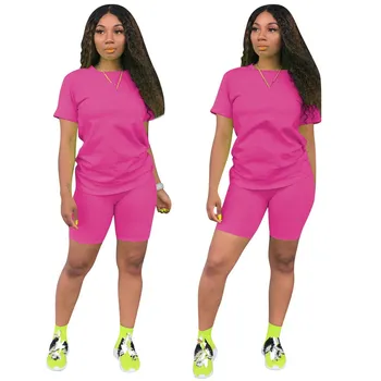 

2019 Women Solid Crop Top And Biker Shorts Two Piece Sets Sexy O-Neck Short Sleeve Elastic Tracksuit