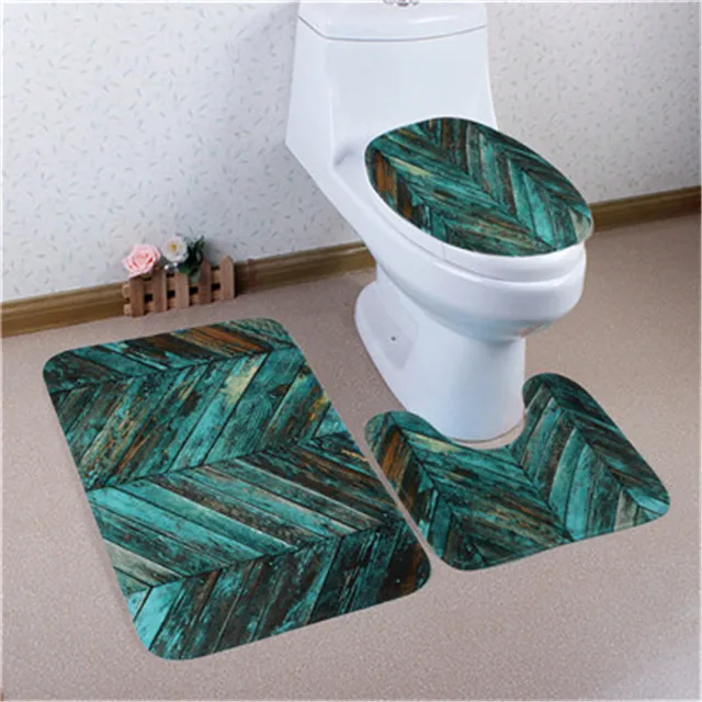 Woodgrain Bathroom Non Slip Pedestal Rug Lid Toilet Cover Bath Mat Set