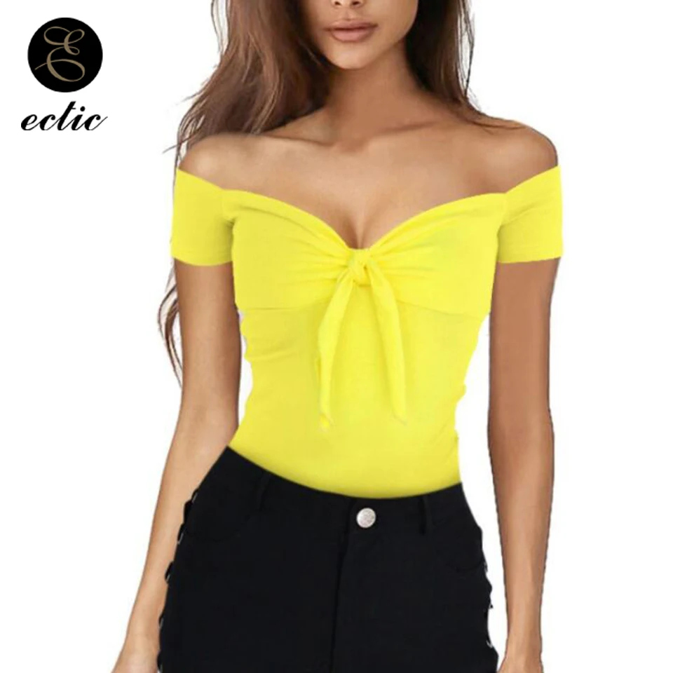 

Bare Shoulders Front Knot T Shirt Vetement Femme 2019 Short Tights Bodycon Shirt For Women Harajuku Streetwear Sexy Low Cut Tops