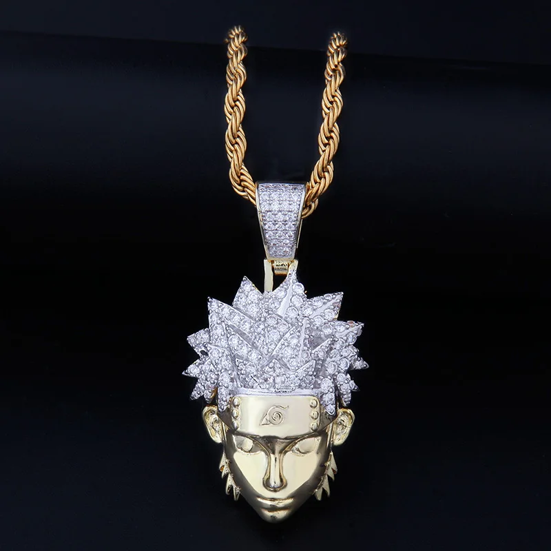 Хип хоп Полный AAA CZ Циркон Bling Iced Out мультфильм Наруто Uzumaki Подвески ожерелье для мужчин рэппер ювелирные изделия Золото Серебро подарок