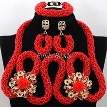 Уникальные простые красные стеклянные бусины ювелирные изделия Свадебные нигерийские свадебное украшенное ожерелье браслет большие серьги набор AIJ821