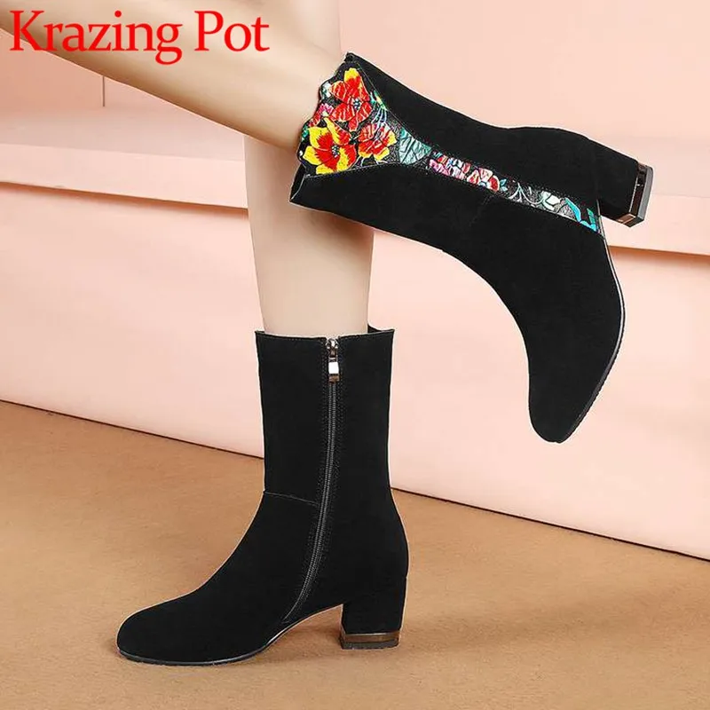 

2018 new fashion natural leather winter warmful round toe med thick heels western boots large size flowers mid-calf boots L33