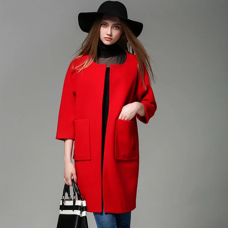 Winter Women High Quality Wool Coats Fashion O neck Three Quarter