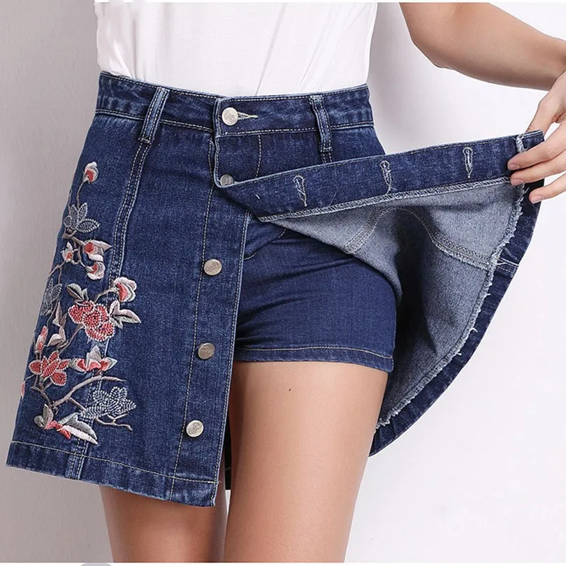 

YRRETY 2019 New Women Jeans Casual Retro Skirt Mini Denim Floral Embroidery High Waist Skirts Sexy Embroidered A-Line Culottes