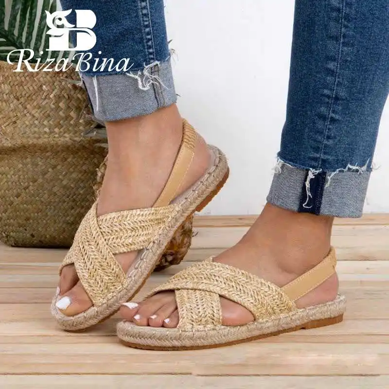 

RIZABINA Summer Sandals Women Handmade Weaving Flats Shoes Soft Bottom Comfortable Lightweight Beach Shoes Women Size 35-43