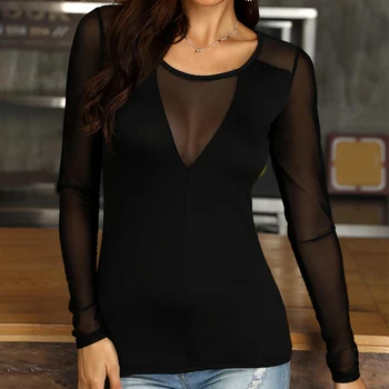 

Women's Sexy Splice Long Sleeve Shirt Blouse Mesh O-neck Solid Slim View Through Ladies Tops 2020 Summer Female Pullover Blouses