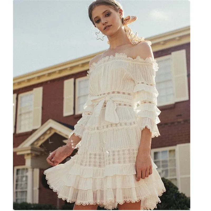 

Haute Couture Sexy Boho Mini Dress Slash Neck Lotus Sleeves Shift Hollow Out Lace Dress Holiday Dress White Vestidos