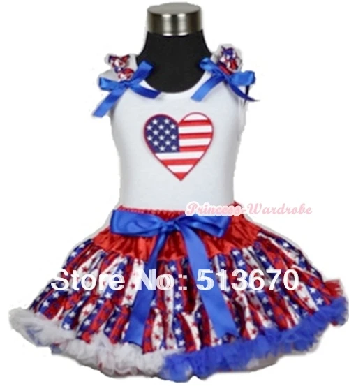 

White Tank Top America Heart Print Red White Blue Stripe Star Ruffle Blue Bow & Red White Blue Stripe Star Pettiskirt MAMG597