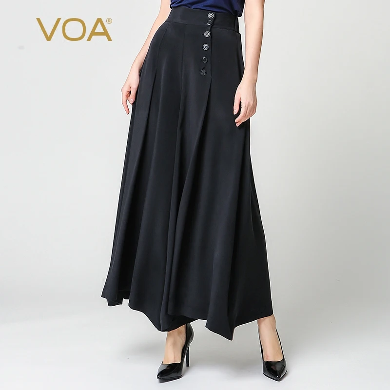 VOA Wijde Pijpen Broek Hoge Taille vrouwen Zijde Zwart Full Length Loose Casual Plisse Bohemian Button Fly Effen Broek vrouwelijke K7178