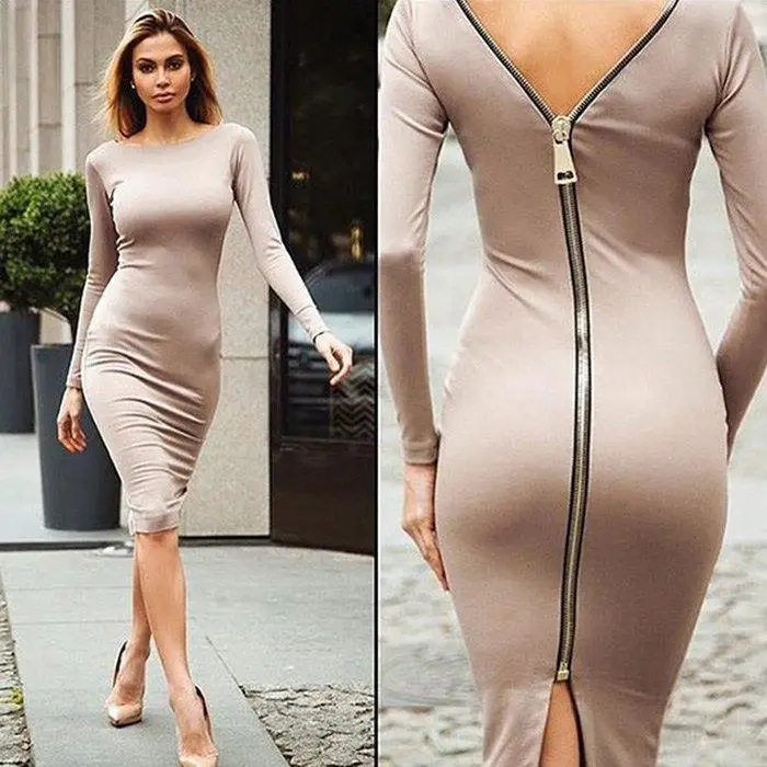 Autumn Maxi Simple Round Collar Knee Length Sexy Elegant Dress Long Sleeve Full Zipper Tight