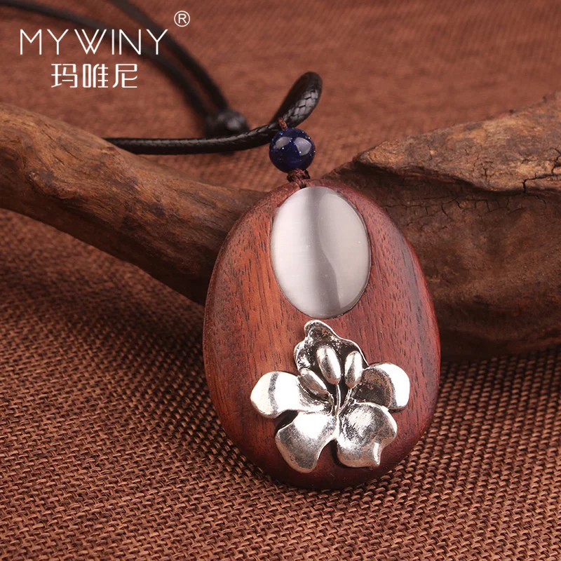 

Cat eyes vintage necklace, fashion metal flowers ethnic necklace,Rosewood pendants necklace women jewelry