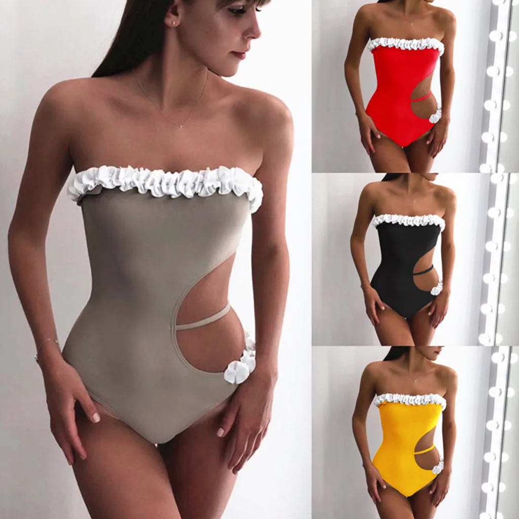 One Piece Swimsuit Women Sexy Solid Bikini 2019 Bandeau Swimwear Hollow Out Swimwear Biquini Push-Up Padded Swimsuit Beachwear