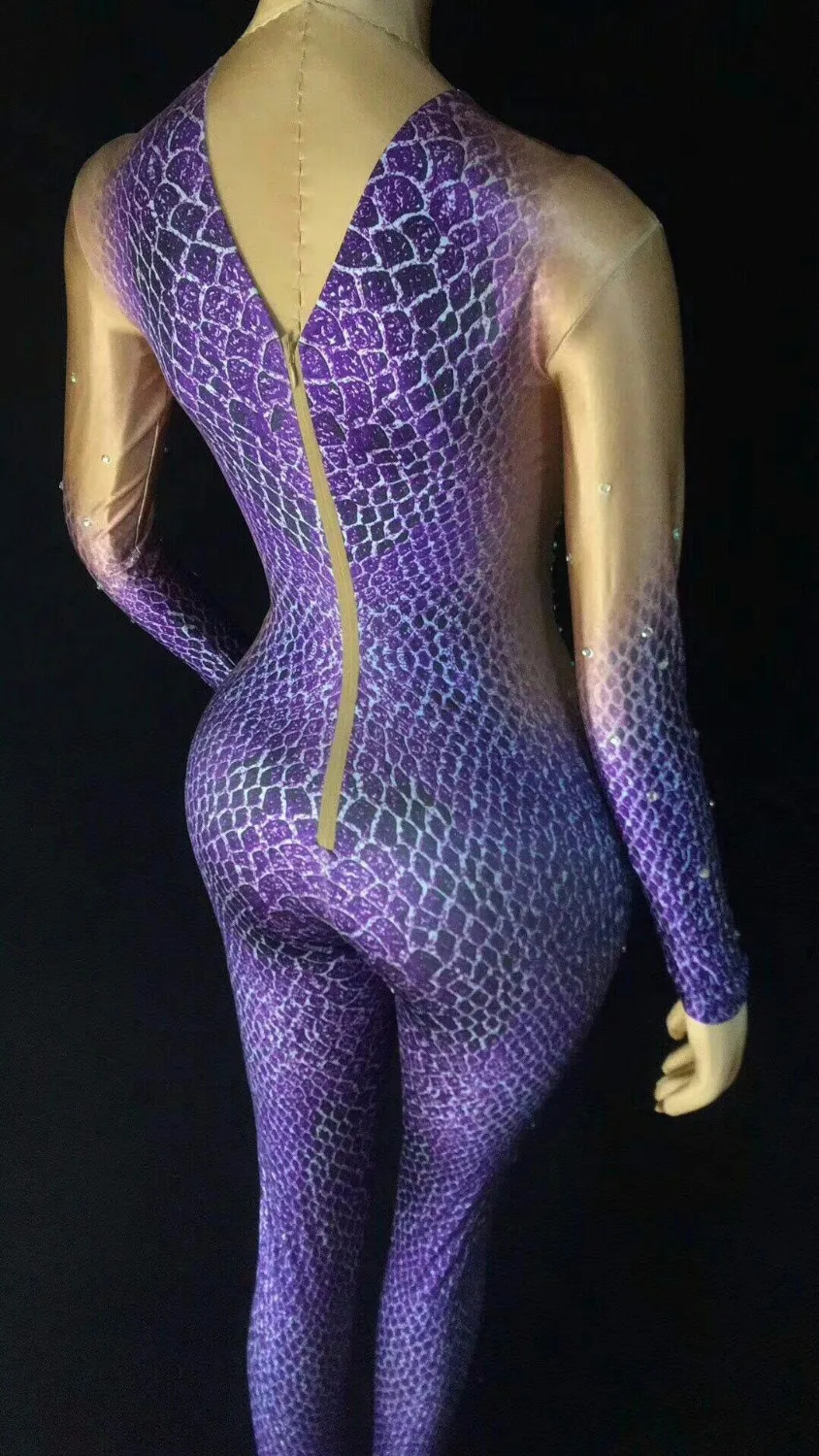 Stylish Snake Striae Pattern Purple Jumpsuit Sexy Stones Stretch Outfit Nightclub Singer Dancer Party Bodysuits Women's Clothes