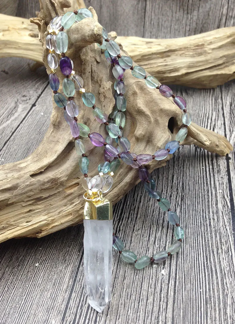 

YA2974 Natural Quartz Pendant Fluorites Stone Nuggets Beads Knot Handmade Necklace
