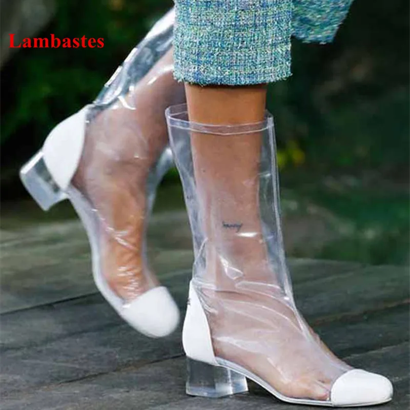 

2018 Hot Spring Women Boots Mixed Color Transparent Mid-calf Women Boots Rome Sexy Dexigner Crystal Heel Walkway Shoes Women