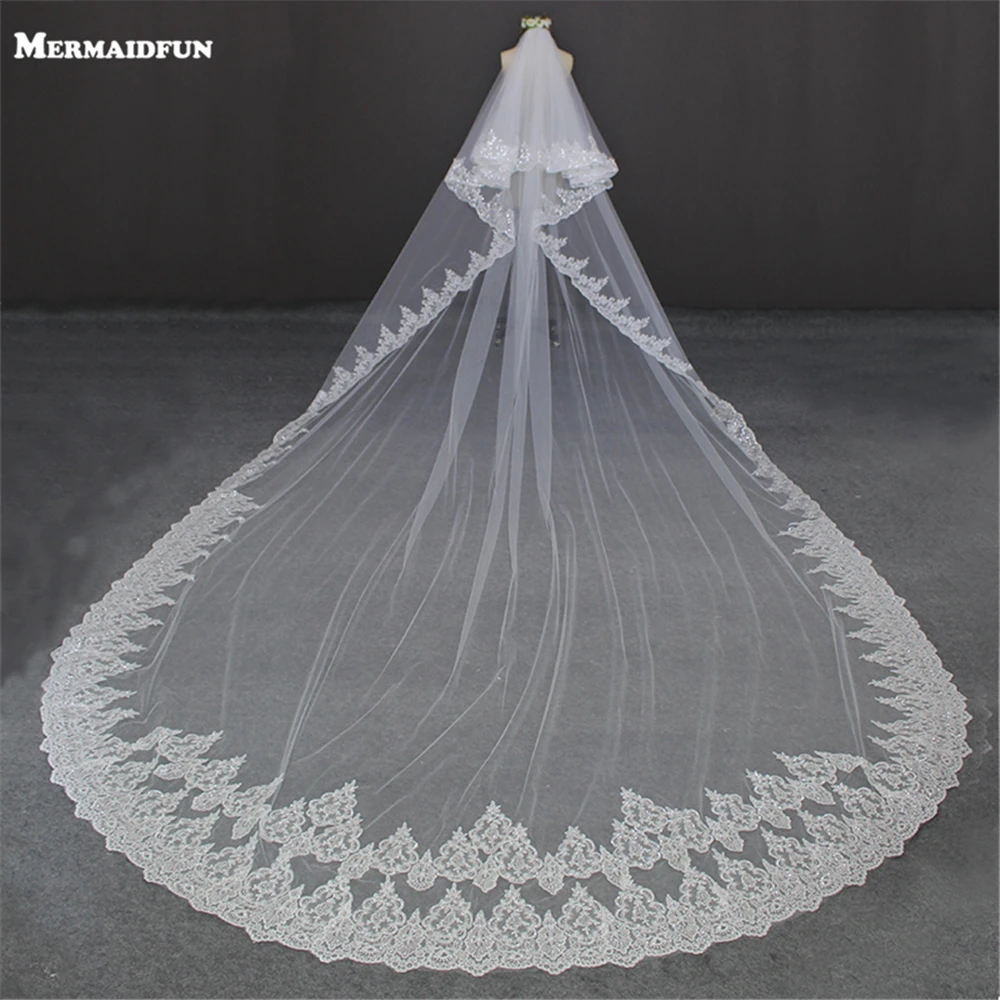 Luxury 5 Meters Full Edge with Lace Bling Sequins Two Layers Long Wedding Veil with Comb White Ivory Bridal Veil photo
