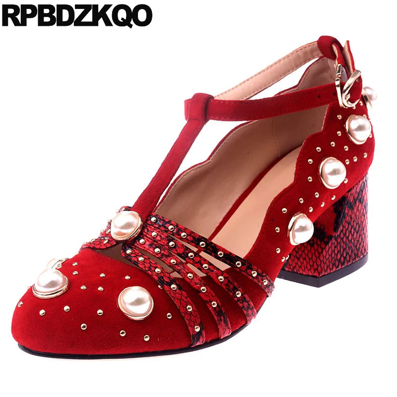

Retro Round Toe Handmade Suede Pearl Ankle Strap Ladies Shoes For Wedding Pumps Luxury T Bar Thick Size 4 34 Stud Medium Red