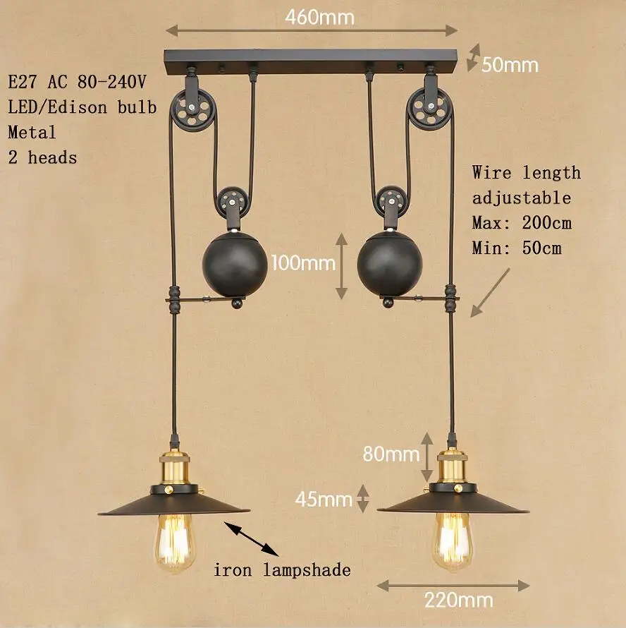 Лофт ретро подвесные черные подвесные лампы E27 светодиодный подвесной светильник регулируемый винтажный шкив для гостиной ресторана спальни - Цвет корпуса: 2 heads