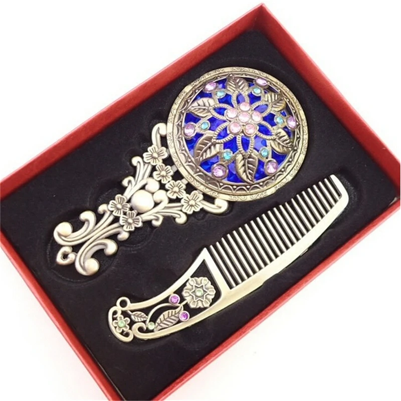 2PCS/Set Retro Bronze Handheld Mirrors Hollow Cosmetic Compact Mirror Comb Set With Gift Box