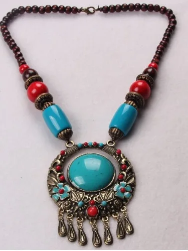 Массивный Макси Тибетский винтажный этнический богемный красочный Бусы из драгоценных камней Капля воды чокер с кисточками ожерелья подвески для женщин - Окраска металла: Blue