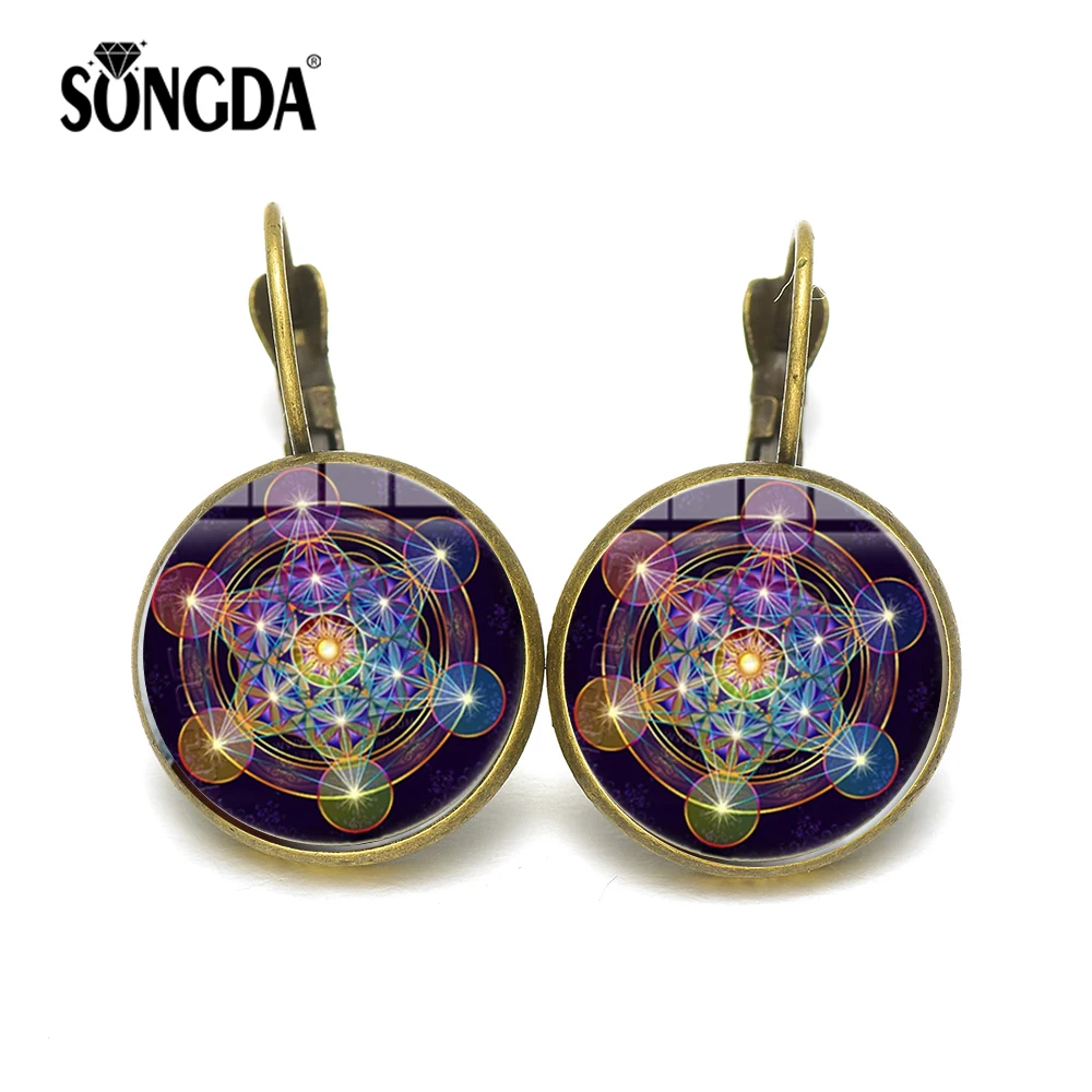 

SONGDA Newest Metatron Cube Pattern Stud Earrings Sacred Geometry Flower Of Life Glass Cabochon Women Earrings Statement Jewelry