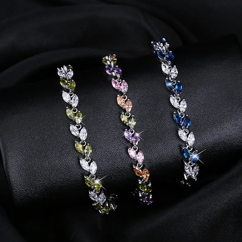 Trendy Unique Jewelry White Color Leaf Charm AAA CZ Crystal Female Bracelets Bangles